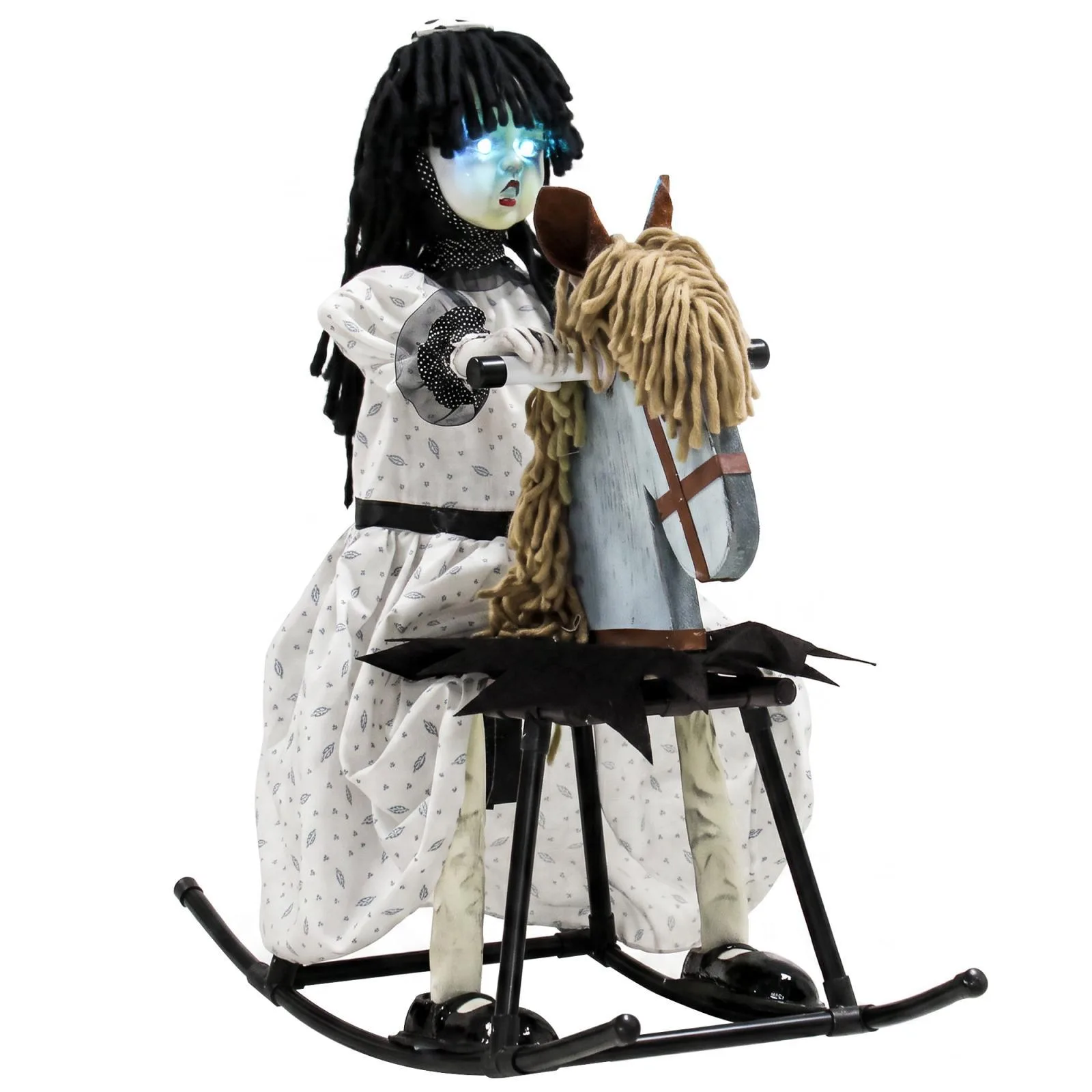 [EU Warehouse] Animated Halloween girl on a rocking horse featuring spooky rhymes, glowing eyes, and sound/touch activation.