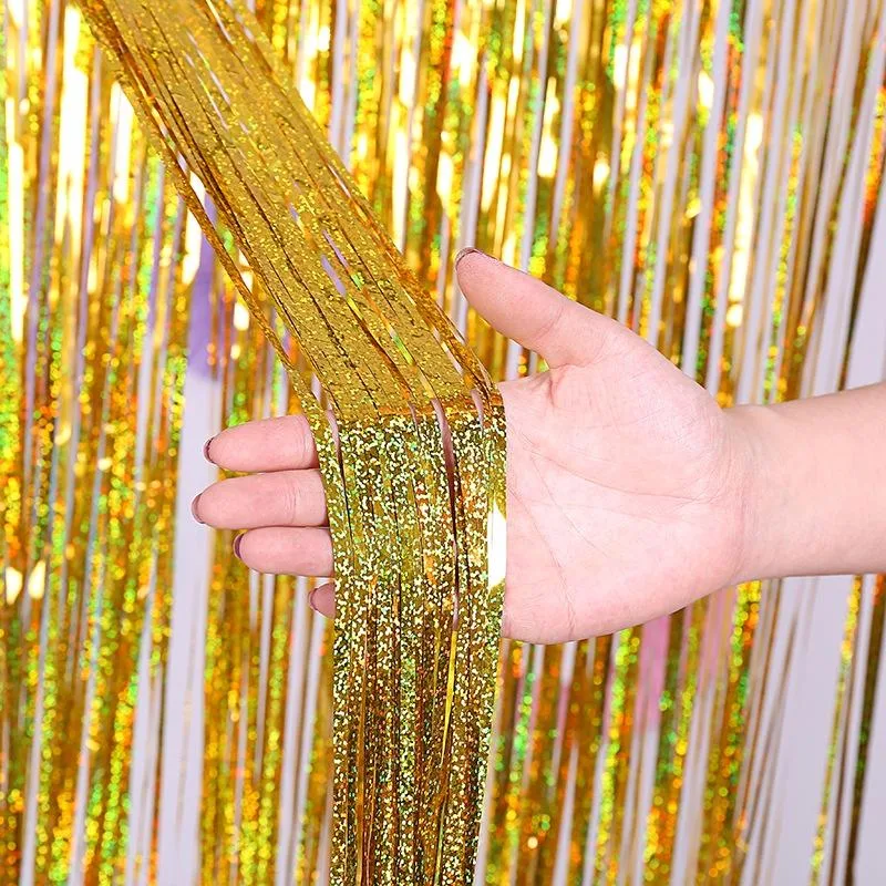 2 PCS Laser Rain Tinsel Foil Curtain Birthday Party Decoration Tassel Wall, Size:1x1m(Gold)