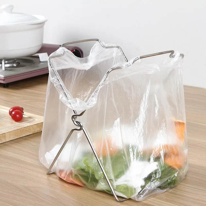 Stainless Steel Kitchen Foldable Storage Rack Plastic Bag Towel Trash Can Holder