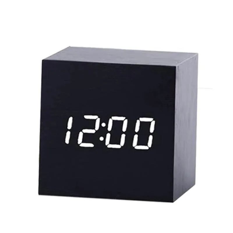 Multicolor Sounds Control Wooden Clock Modern Digital LED Desk Alarm Clock Thermometer Timer Black White