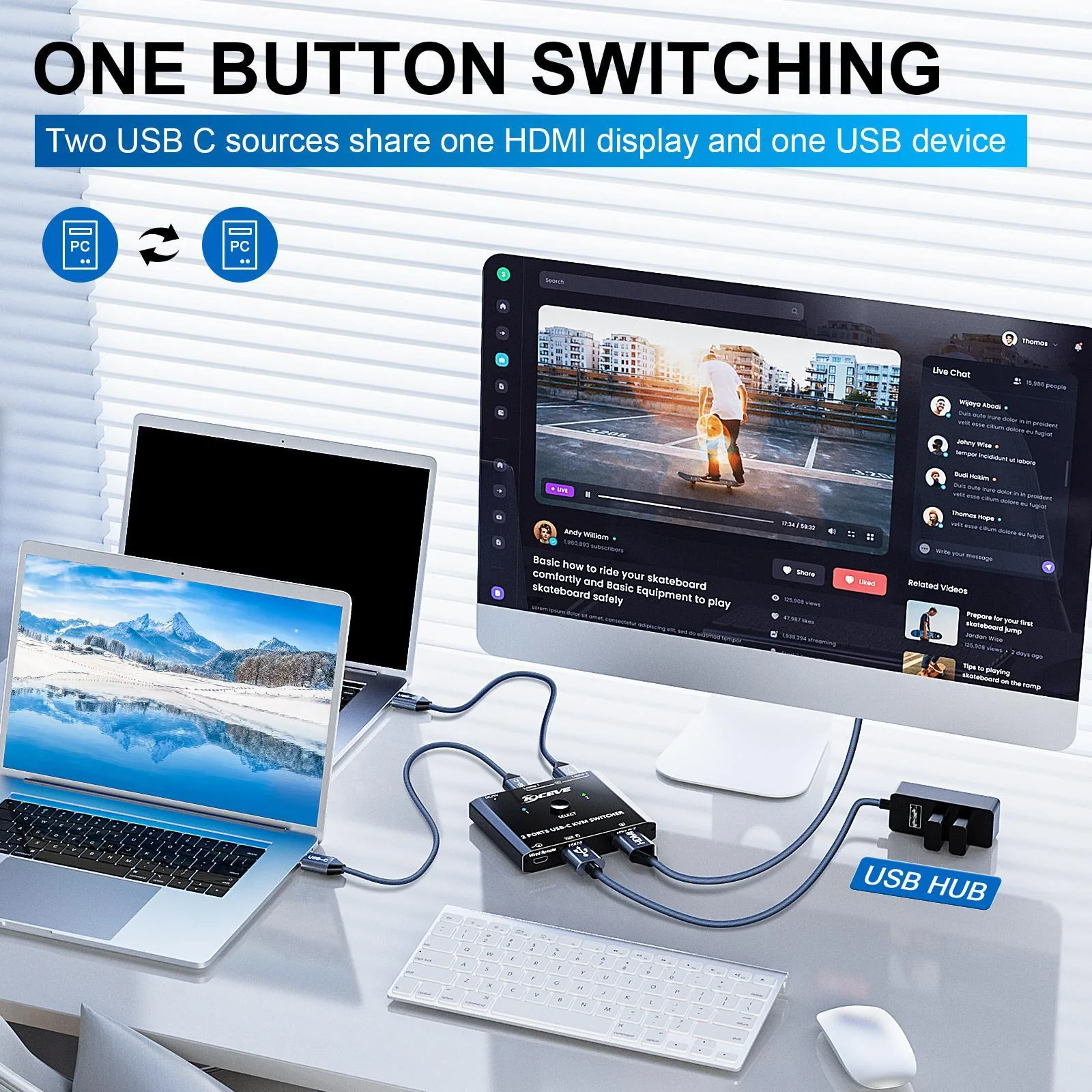 KCEVE KC-C201H 2 Type-C Input 1 Output KVM Switch Support 4K 60Hz