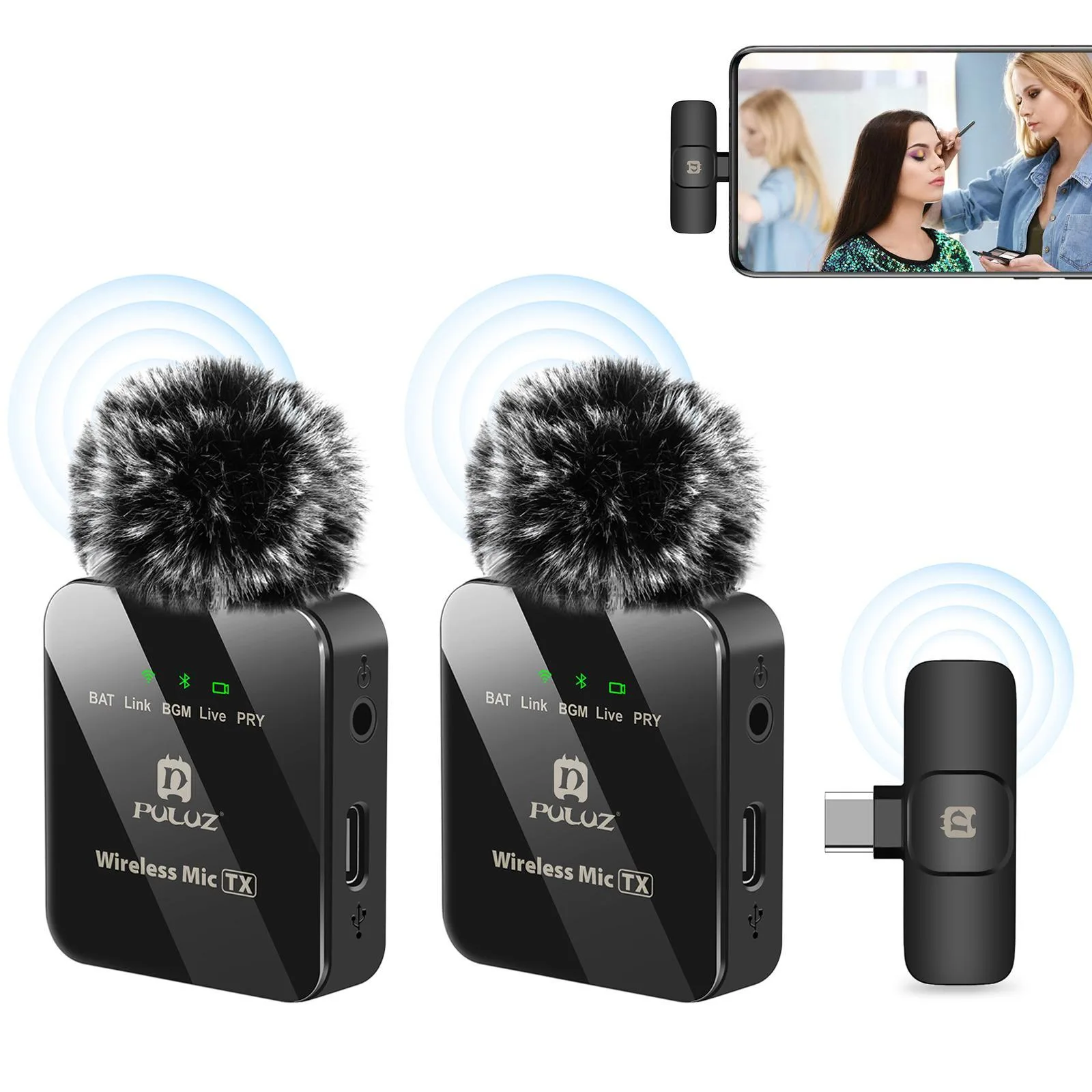PULUZ Wireless Lavalier Microphone for Type-C Phone, Type-C Receiver and Dual Microphones (Black)