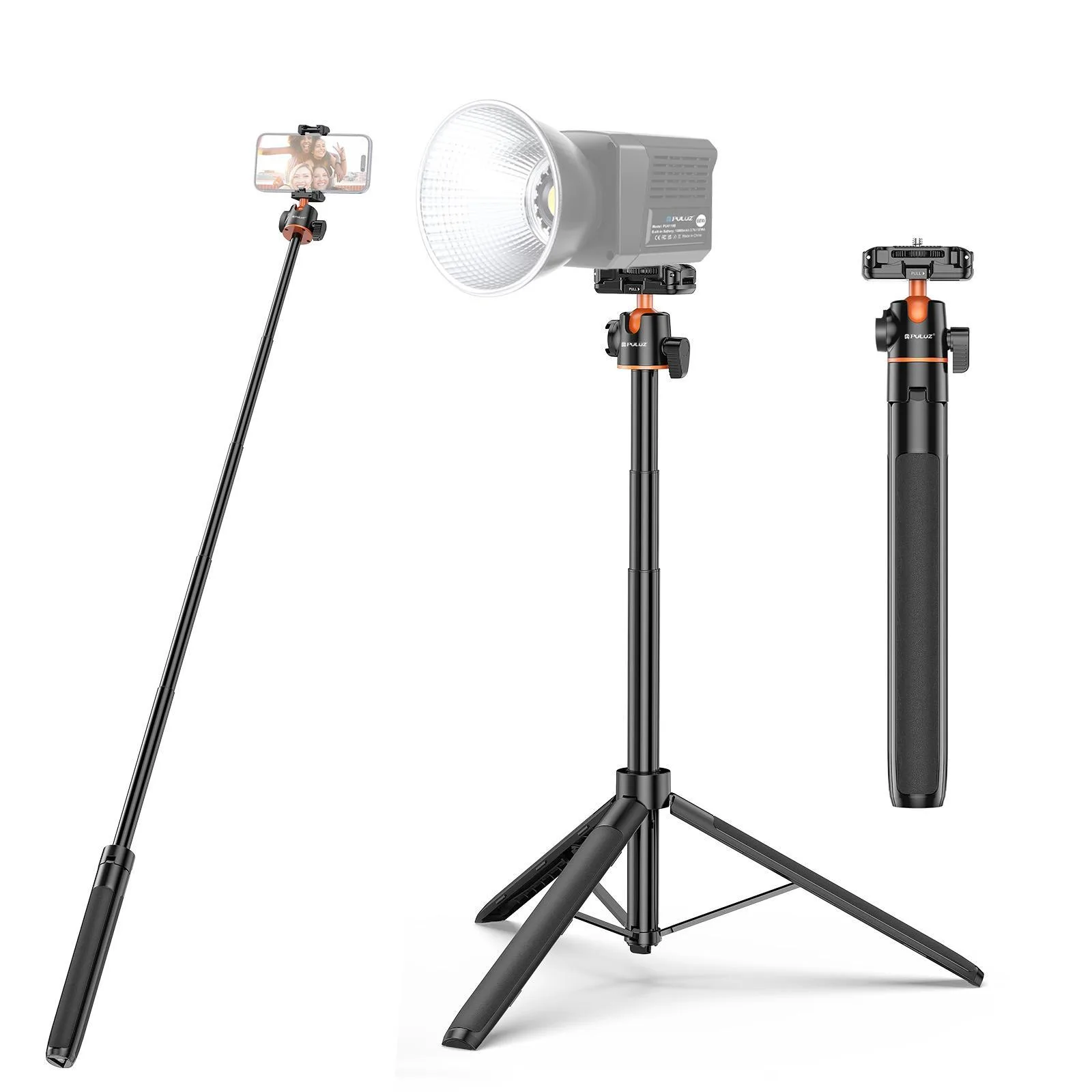 PULUZ 1.4m Phone Selfie Stick Tripod Vlog Live Streaming Holder with Phone Clip (Black)