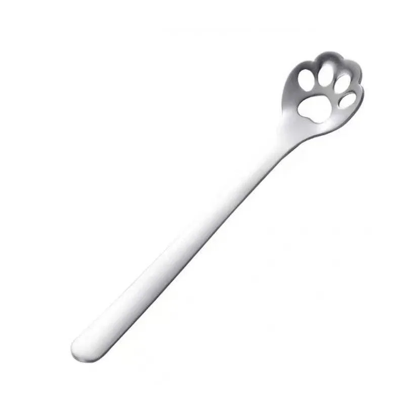 Stainless Steel Coffee Stirring Spoon Ice Cream Cartoon Cat Paw Spoon, Color: Slotted Spoon Silver