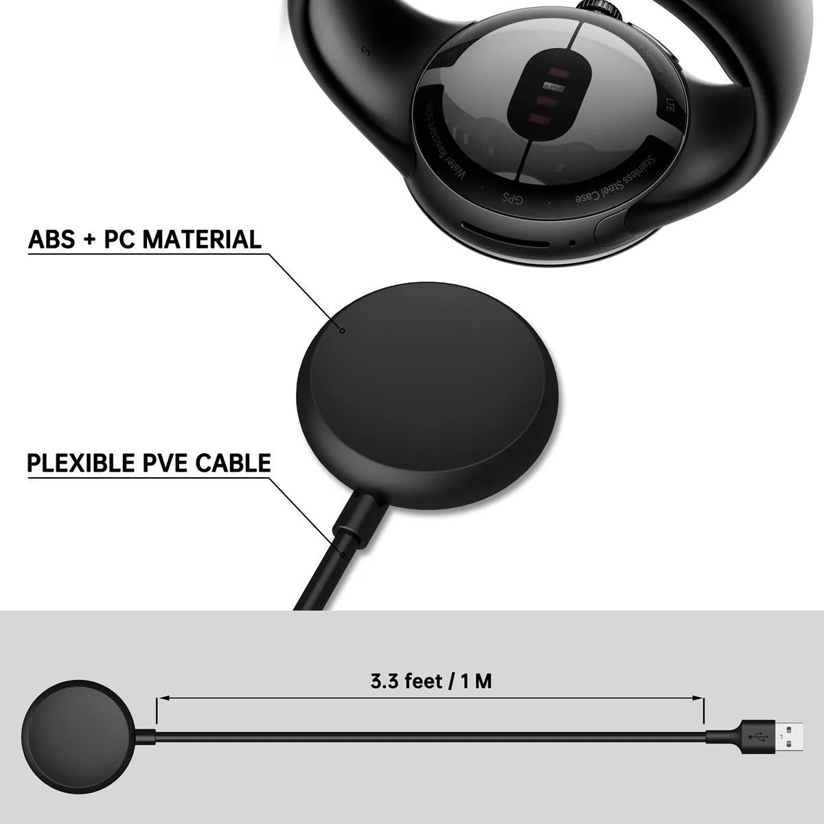 For Google Pixel Watch xDfind Smart Watch Magnetic Charging Cable, Length: 1m, Port:USB Port(Black)