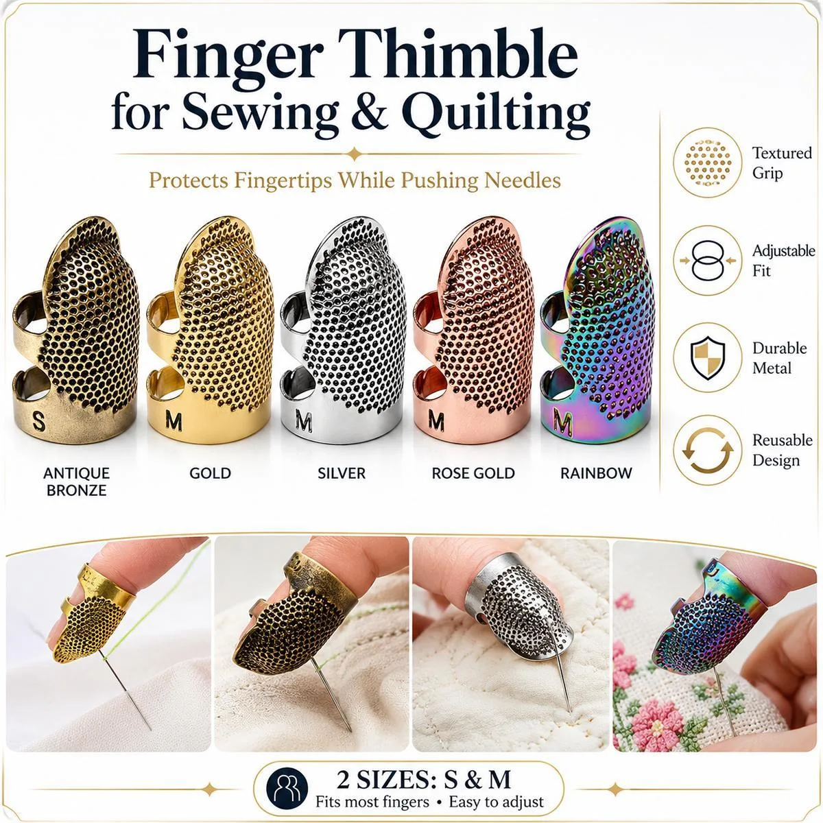 2pcs / Set S and M Household Adjustable Metal Sewing Thimble Finger Protectors(Random Color Delivery)