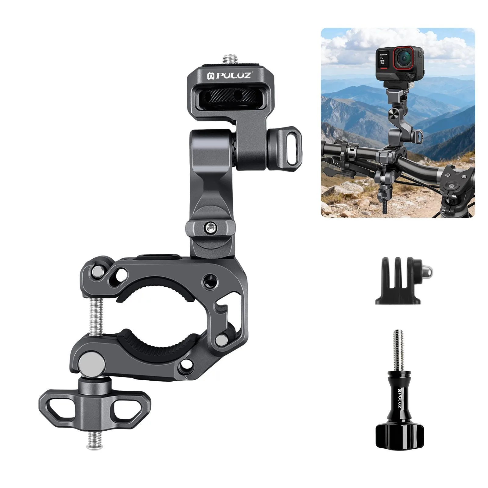 PULUZ Panoramic & Action Cameras Professional 3-Way Gimbal Motorcycles Bicycles Handlebar Aluminium Alloy Mount (Grey)
