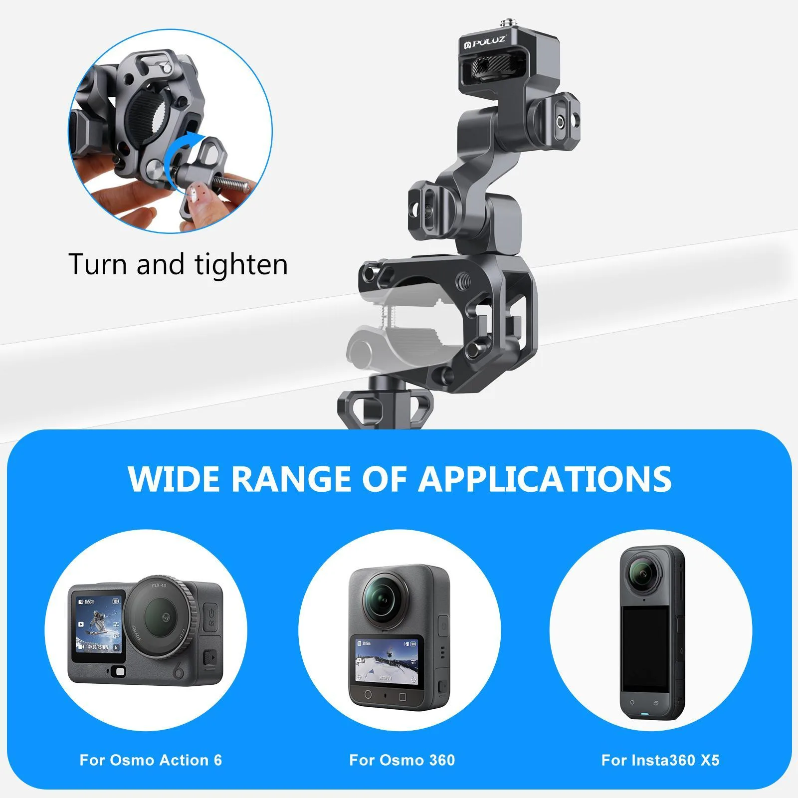 PULUZ Panoramic & Action Cameras Professional 3-Way Gimbal Motorcycles Bicycles Handlebar Aluminium Alloy Mount (Grey)