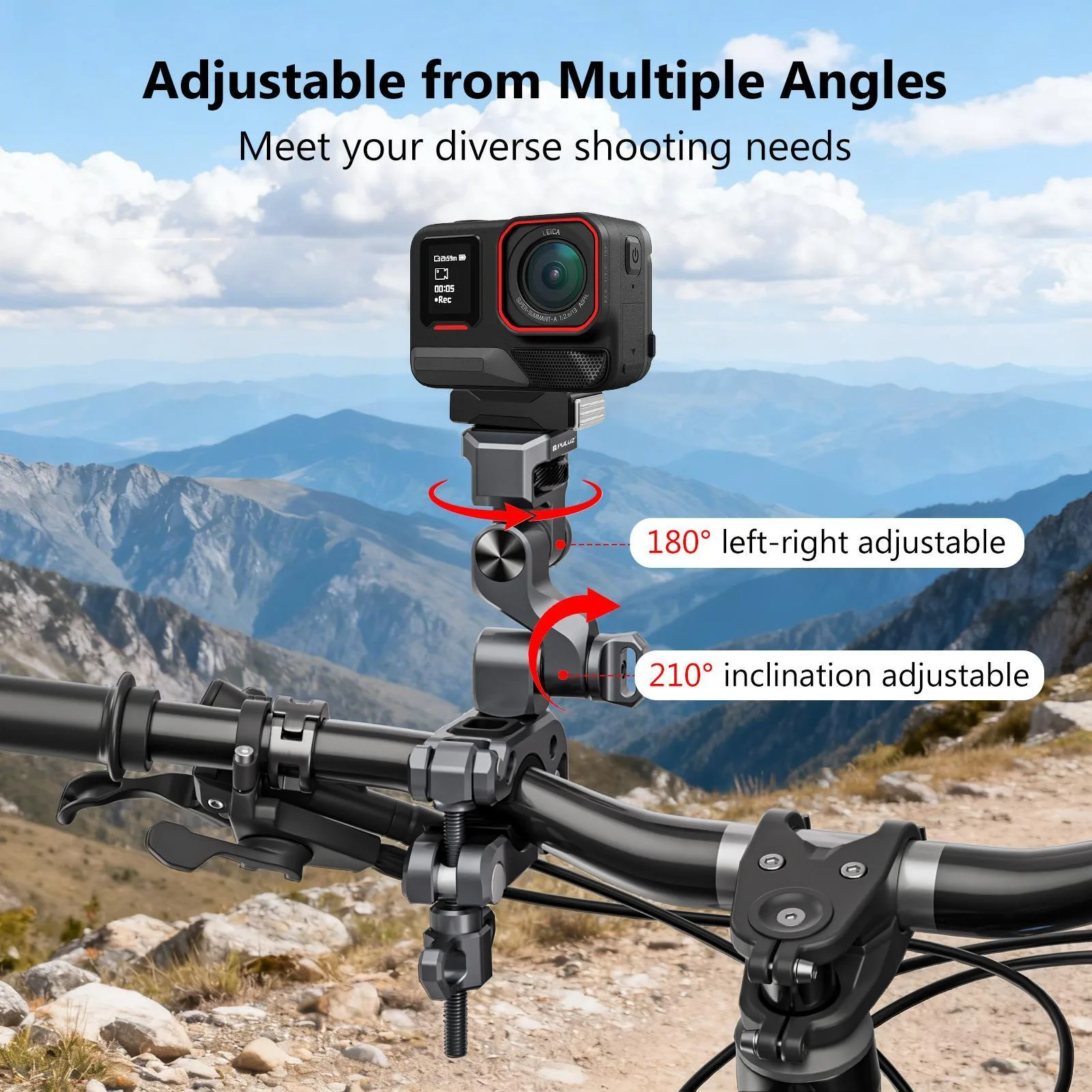 PULUZ Panoramic & Action Cameras Professional 3-Way Gimbal Motorcycles Bicycles Handlebar Aluminium Alloy Mount (Grey)