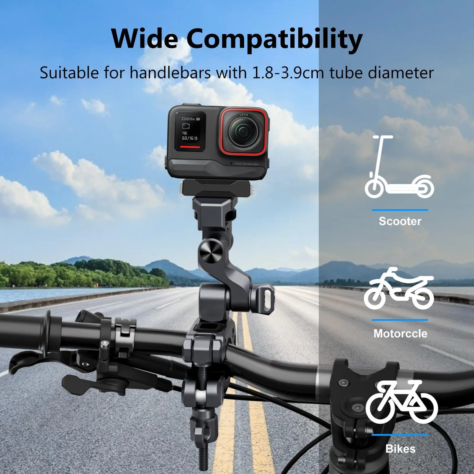 PULUZ Panoramic & Action Cameras Professional 3-Way Gimbal Motorcycles Bicycles Handlebar Aluminium Alloy Mount (Grey)