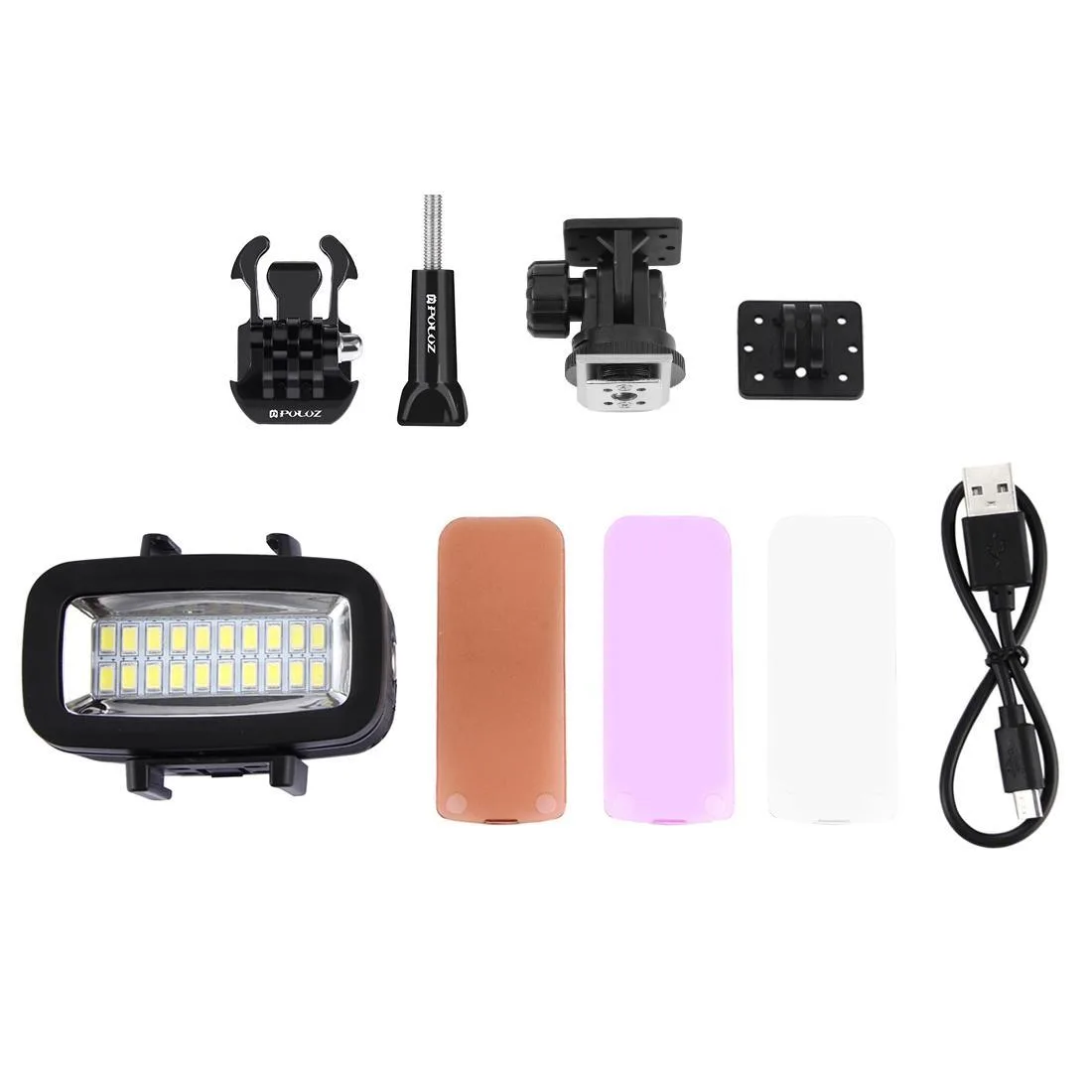 PULUZ 20 LEDs 40m Waterproof IPX8 Studio Light Video & Photo Light with Hot Shoe Base Adapter & Quick Release Buckle & Long Screw & 2 x Filter Plates for GoPro HERO10 Black / HERO9 Black / HERO8 Black / HERO7 /6 /5 /5 Session /4 Session /4 /3+ /3 /2