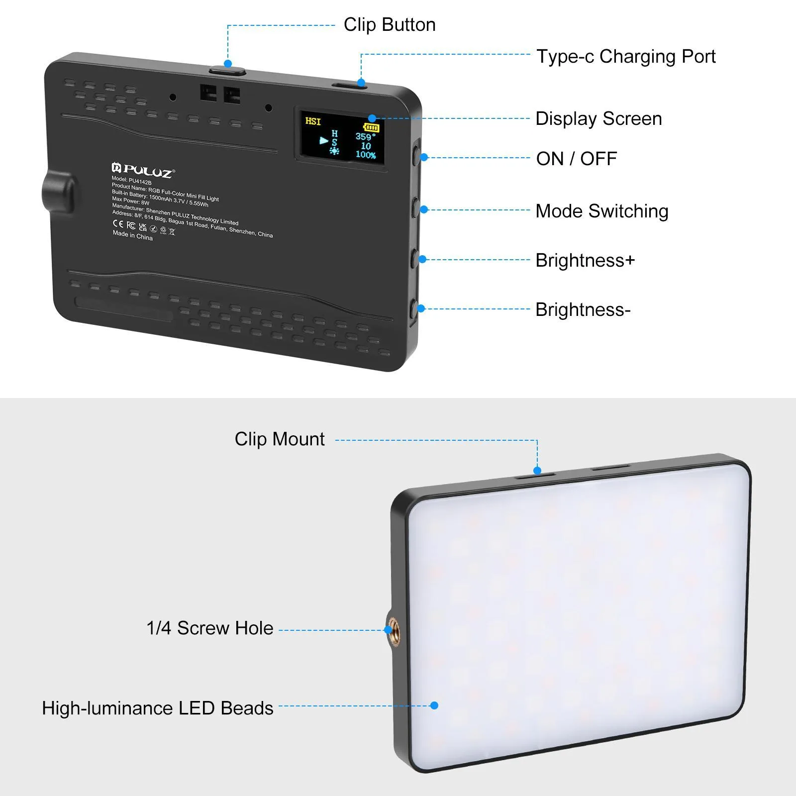 PULUZ Thin Pocket 94 LEDs RGB Full Color Beauty Fill Light Handheld Photography LED Light (Black)