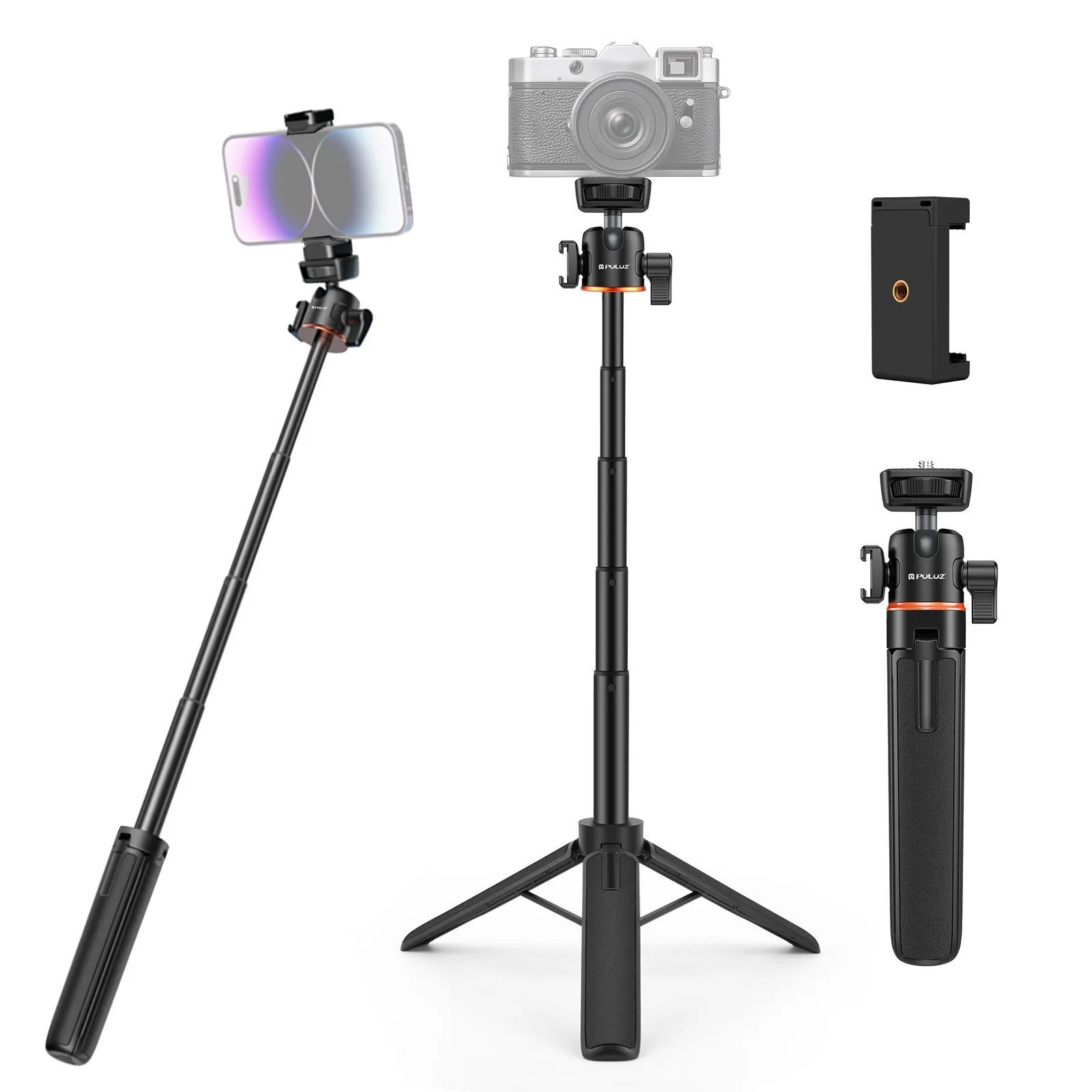 PULUZ Mini Phone Camera Extension Tripod Stand 360 Degree Ball Head Cold Shoe Selfie Stick (Black)