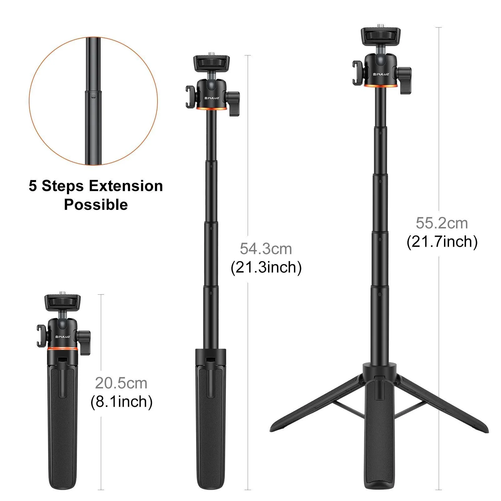 PULUZ Mini Phone Camera Extension Tripod Stand 360 Degree Ball Head Cold Shoe Selfie Stick (Black)