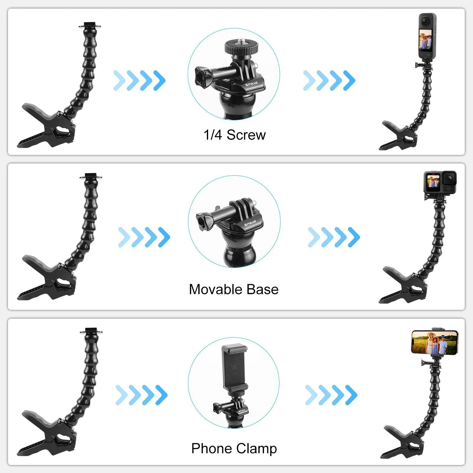 PULUZ Action Sports Cameras Jaws Flex Clamp Mount with Phone Clamp (Black)