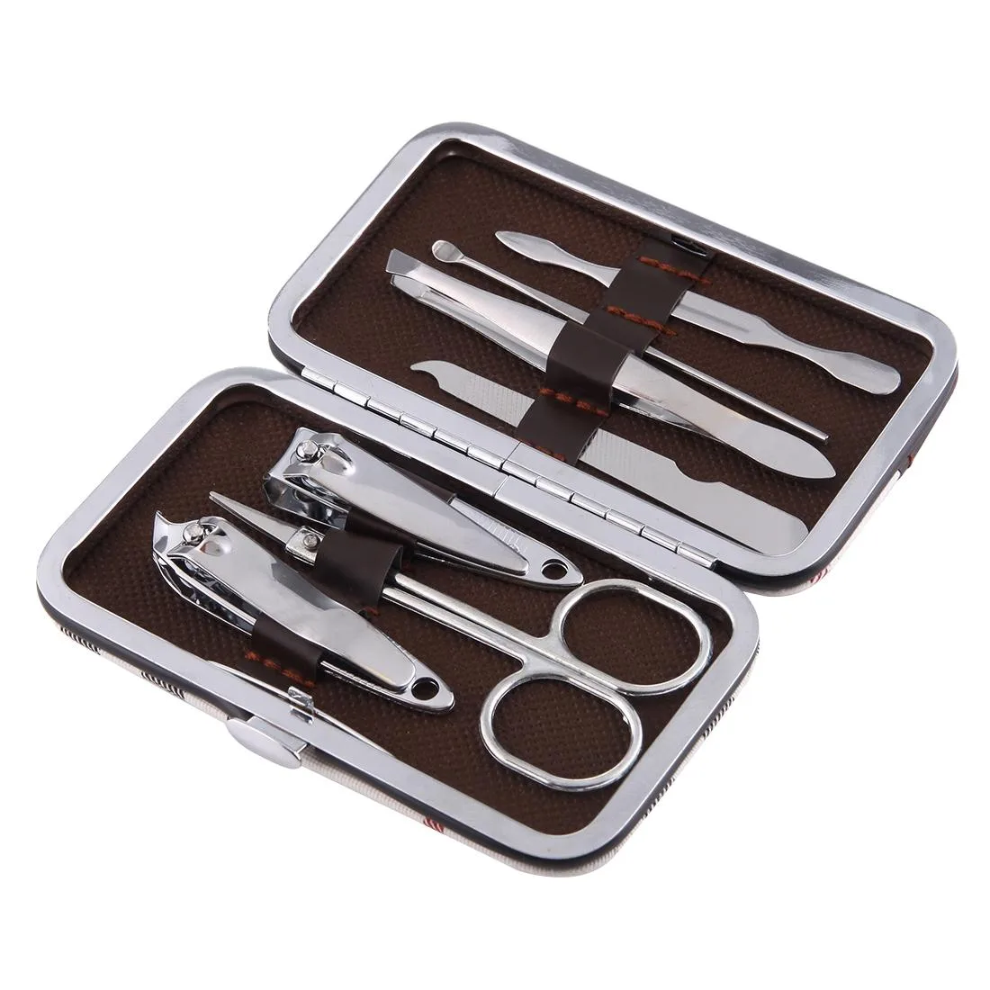 Nail Care Clipper Pedicure Manicure Kits (Flat Nail Clippers, Oblique Nail Nipper, Double Pick, Eyebrow Scissor, Eyebrow Tweezers, Ear Pick, Double Side Nail File) with Leather Bag