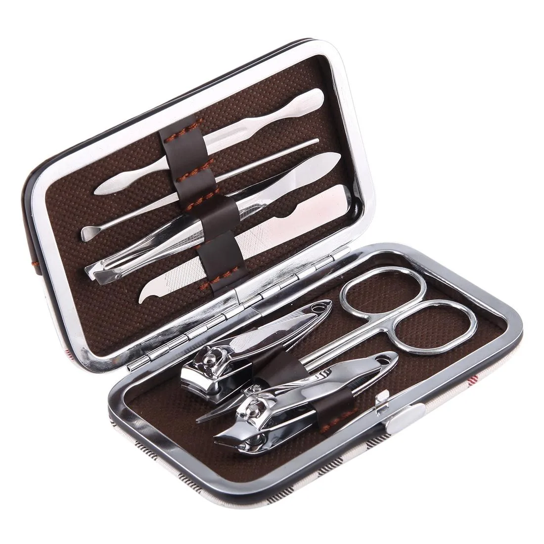 Nail Care Clipper Pedicure Manicure Kits (Flat Nail Clippers, Oblique Nail Nipper, Double Pick, Eyebrow Scissor, Eyebrow Tweezers, Ear Pick, Double Side Nail File) with Leather Bag