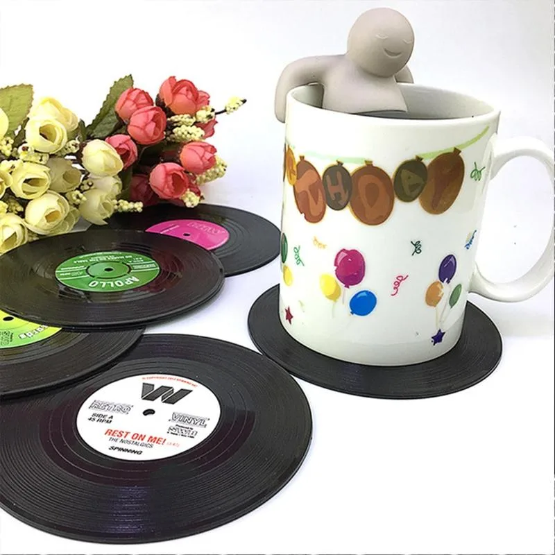 6 PCS/Set Retro Black Vinyl CD Record Drink Coasters Home Table Cup Mat Decor Coffee Drink Placemat Tableware Spinning, Diameter: 10.7cm