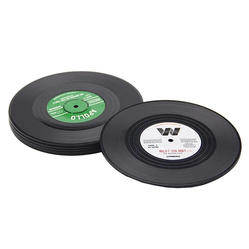 6 PCS/Set Retro Black Vinyl CD Record Drink Coasters Home Table Cup Mat Decor Coffee Drink Placemat Tableware Spinning, Diameter: 10.7cm