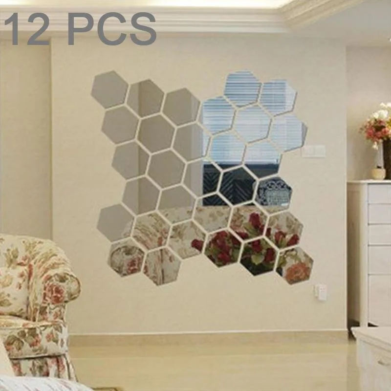 12 PCS 3D Hexagonal Mirror Wall Stickers Set, Size: 10*10cm