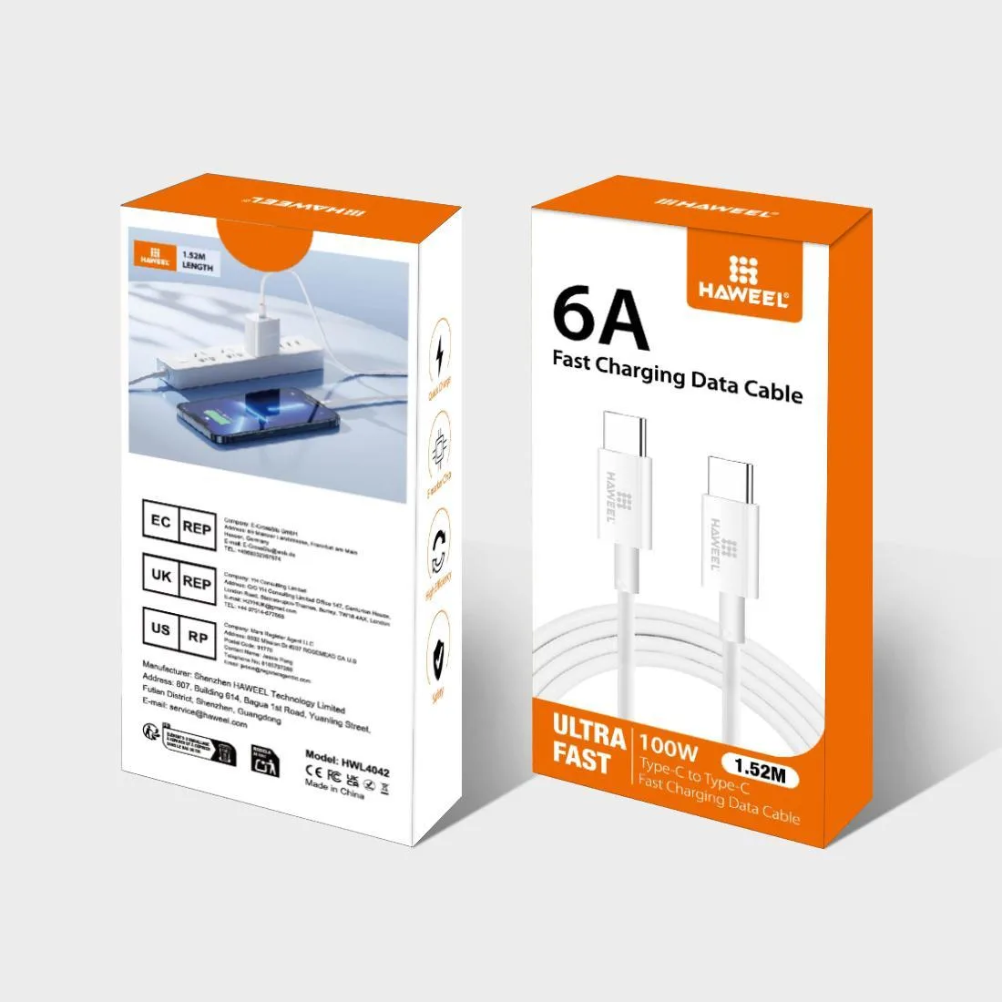 HAWEEL 100W 6A USB-C / Type-C to USB-C / Type-C Fast Charging Data Cable, Length: 1.52m