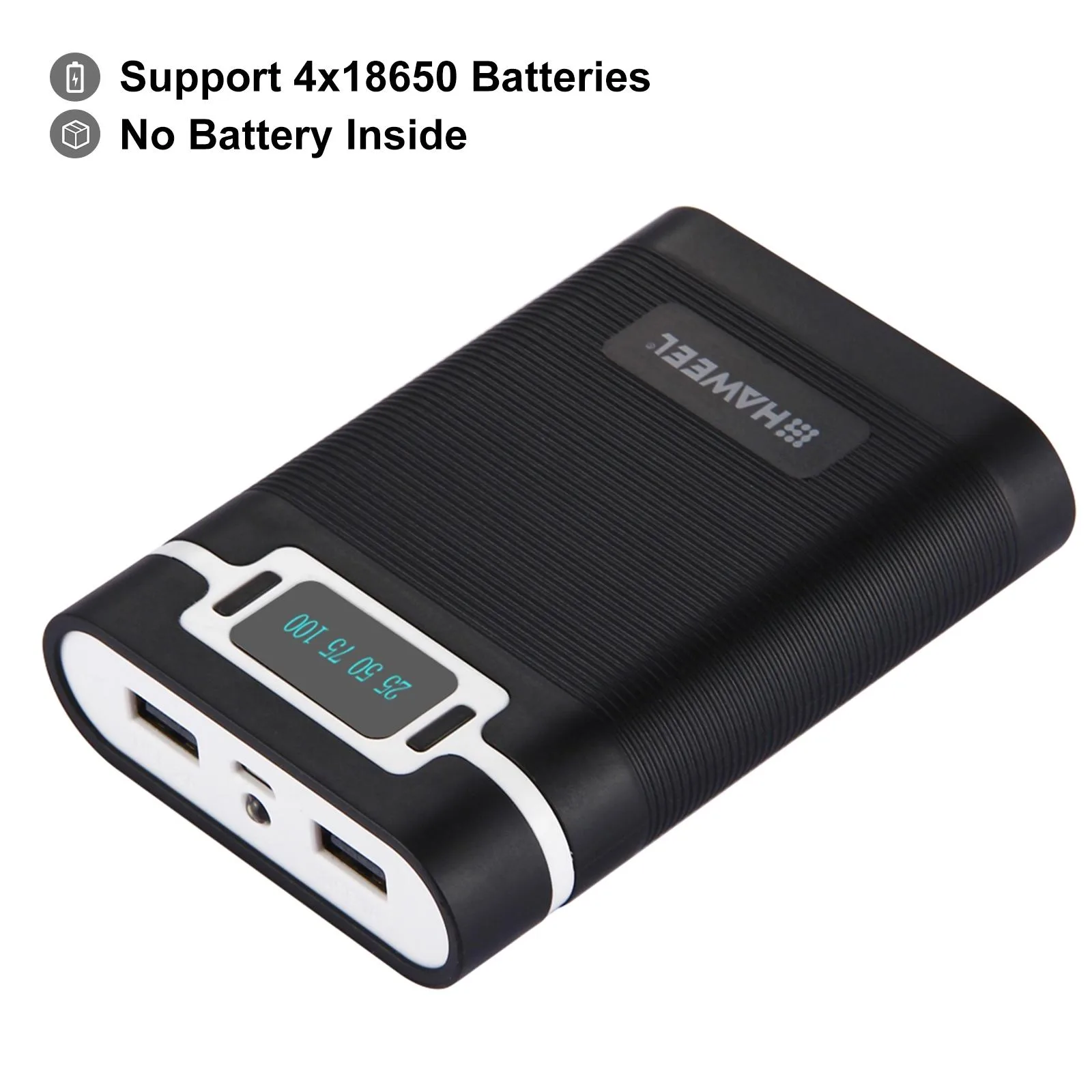HAWEEL DIY 4 x 18650 Battery (Not Included) 10000mAh Power Bank Shell Box with 2 x USB Output & Display for iPhone, Galaxy, Sony, HTC, Google, Huawei, Xiaomi, Lenovo and other Smartphones(Black)