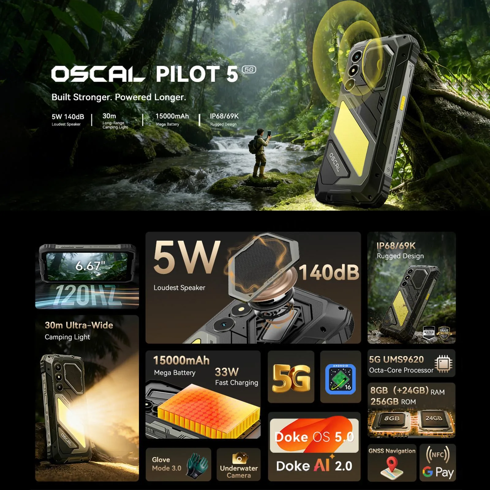 [HK Warehouse] Blackview Oscal Pilot 5 5G Rugged Phone, 8GB+256GB, 6.67 inch Android 16 UMS9620 T8100 Octa Core, Network: 5G, OTG, NFC