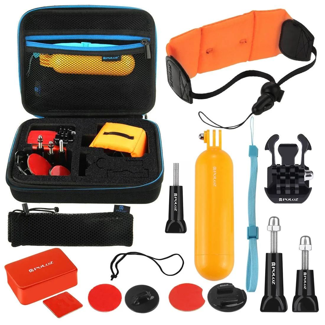 PULUZ 14 in 1 Surfing Accessories Combo Kits with EVA Case (Bobber Hand Grip + Floaty Sponge + Quick Release Buckle + Surf Board Mount + Floating Wrist Strap + Safety Tethers Strap + Storage Bag ) for GoPro, Insta360, DJI and Other Action Cameras