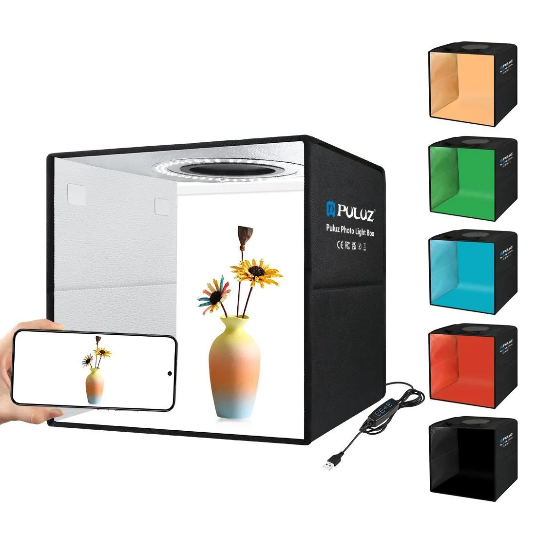PULUZ 30cm Folding Ring Light Photo Lighting Studio Shooting Tent Box Kit with 6 Colors Black / White / Orange / Red / Green / Blue Backdrops, Unfold Size: 30cm x 30cm x 30cm, Unfold Size: 30cm x 30cm x 30cm(Black)