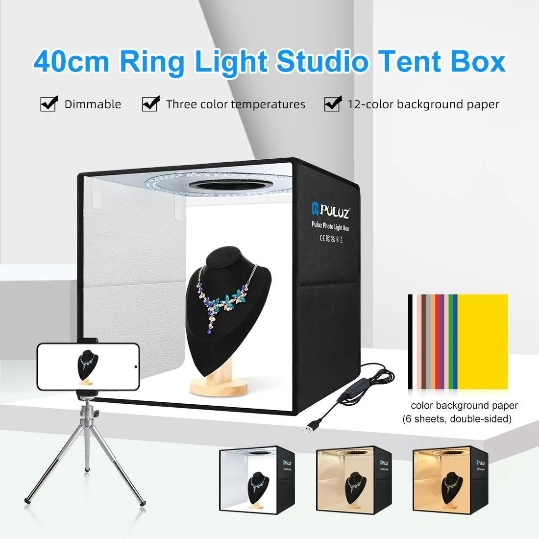 PULUZ 40cm Folding Portable Ring Light USB Photo Lighting Studio Shooting Tent Box with 6 x Dual-side Color Backdrops, Size: 40cm x 40cm x 40cm