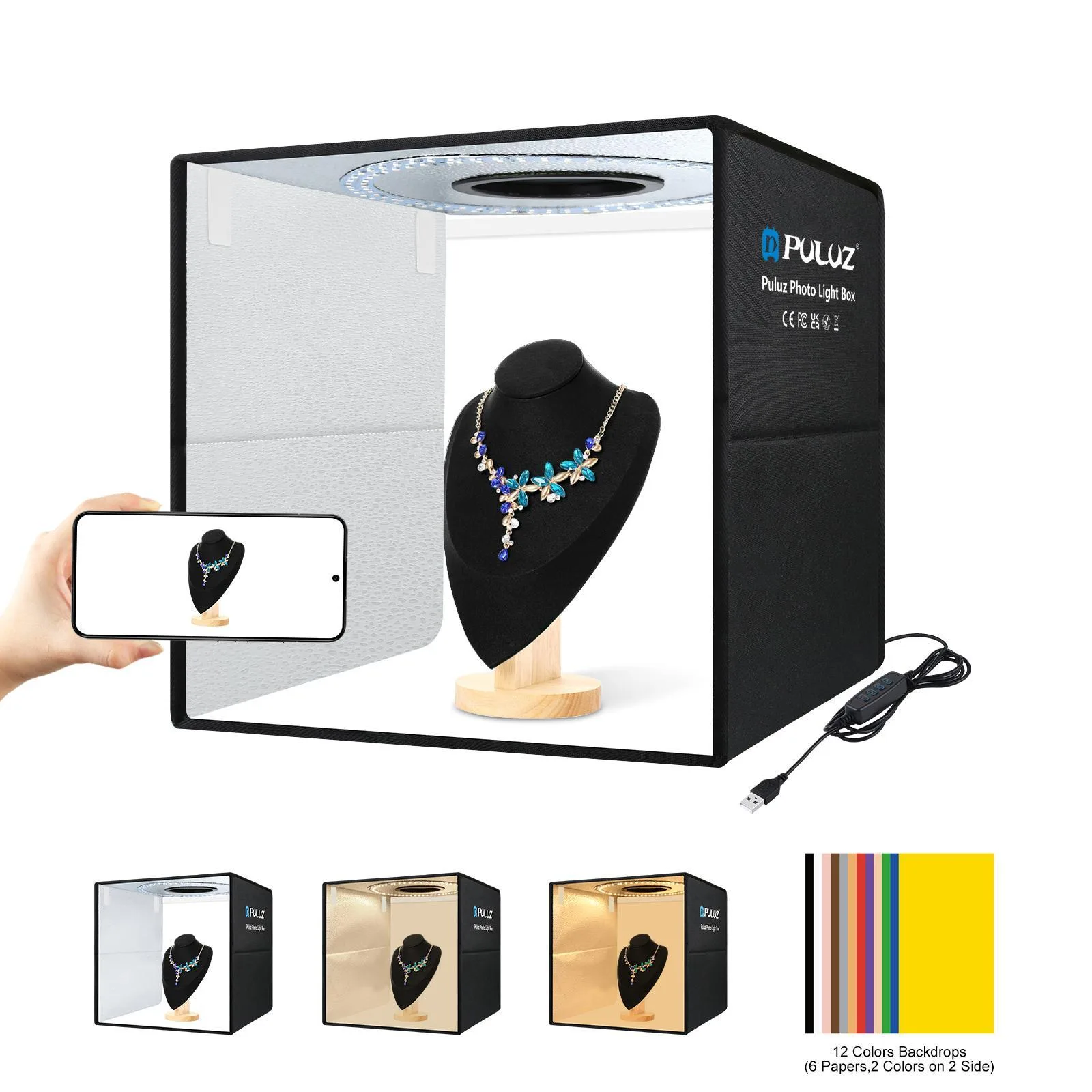 PULUZ 40cm Folding Portable Ring Light USB Photo Lighting Studio Shooting Tent Box with 6 x Dual-side Color Backdrops, Size: 40cm x 40cm x 40cm