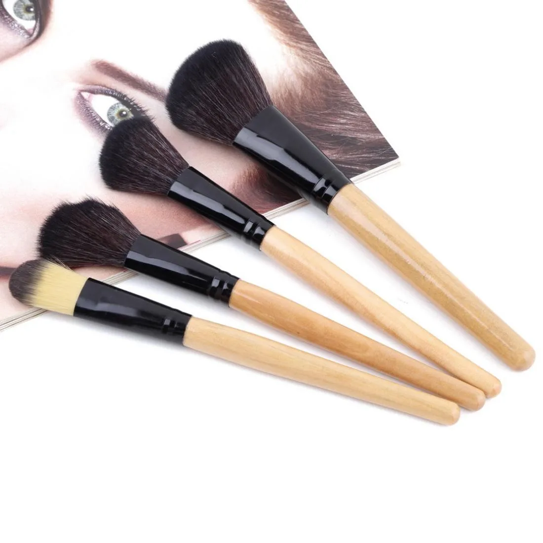 Horse Hair Wooden Handle Cosmetic Brush Set with Black Leather Bag