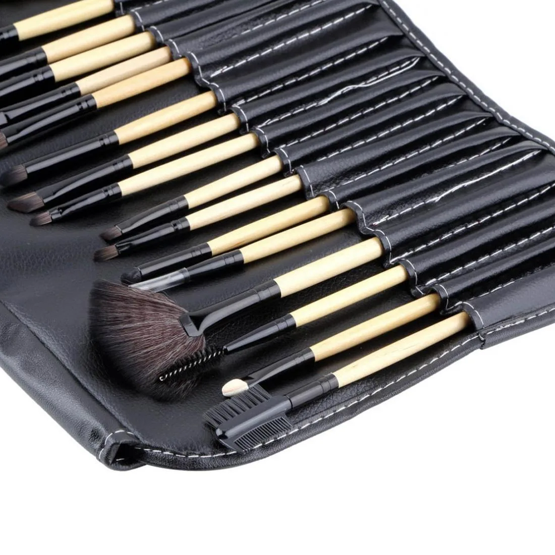 Horse Hair Wooden Handle Cosmetic Brush Set with Black Leather Bag