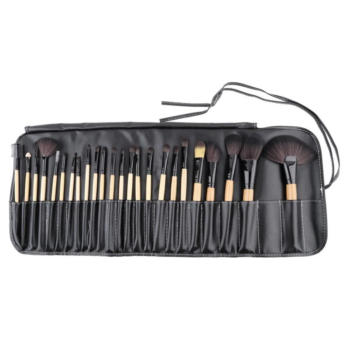 Horse Hair Wooden Handle Cosmetic Brush Set with Black Leather Bag